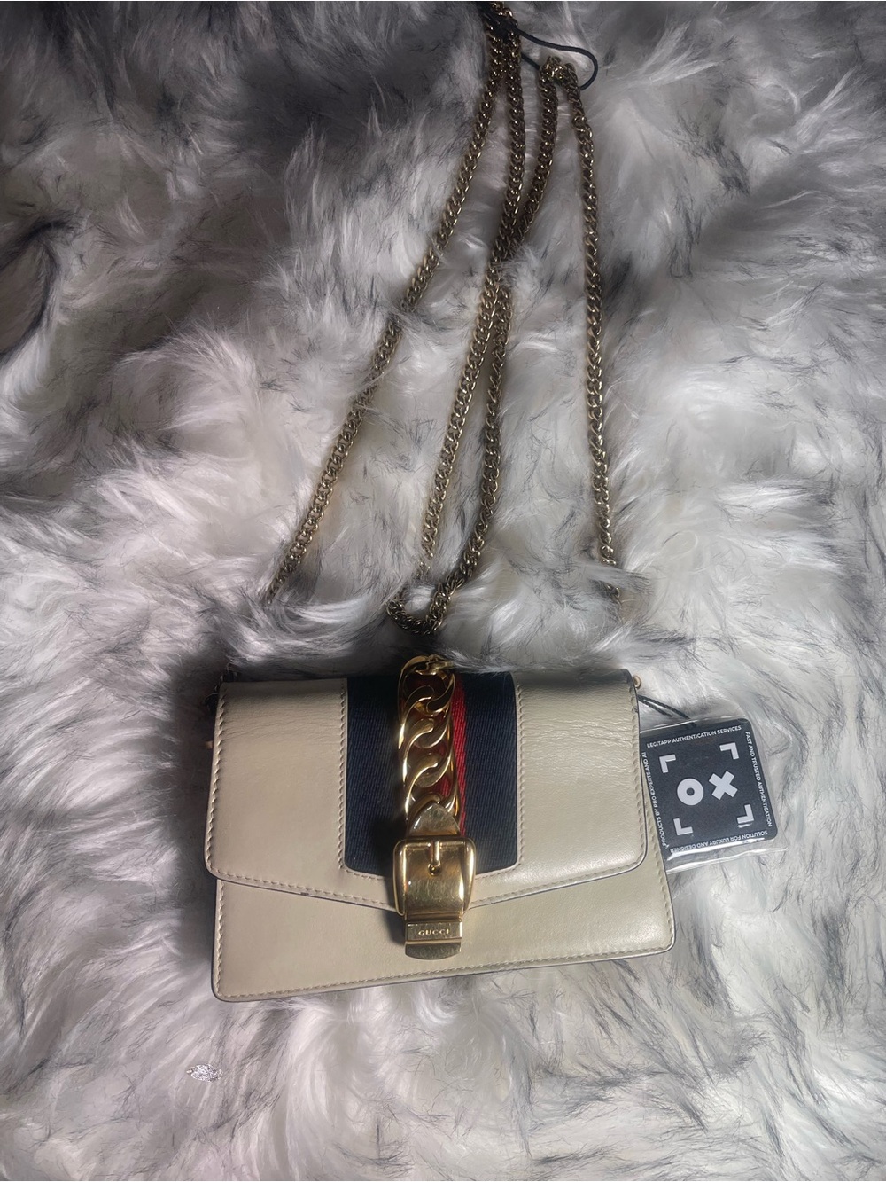 Gucci Cream Crossbody Bag with Navy and Red Stripe and Gold Chain